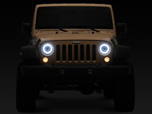 Raxiom 07-08 Jeep Wrangler JK Hi Output LED Headlights/Angel Eye DRL- Black Housing- Clear Lens