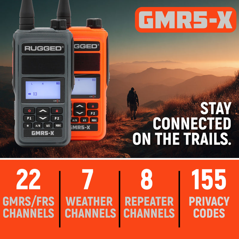 Rugged Radios GMR5-X - 5W GMRS Handheld Radio - Waterproof w/ XL Battery - 2 Pack - Orange