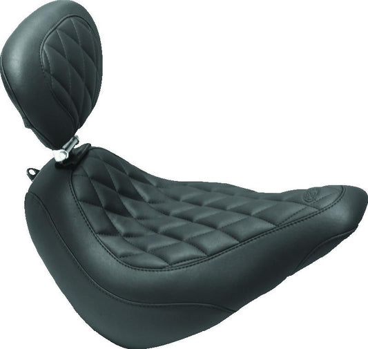 Mustang 18-21 Harley Softail Slim Wide Tripper Solo Seat w/Driver Backrest Diamond Stitch - Black