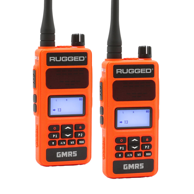 Rugged Radios GMR5-X - 5W GMRS Handheld Radio - Waterproof w/ XL Battery - 2 Pack - Orange